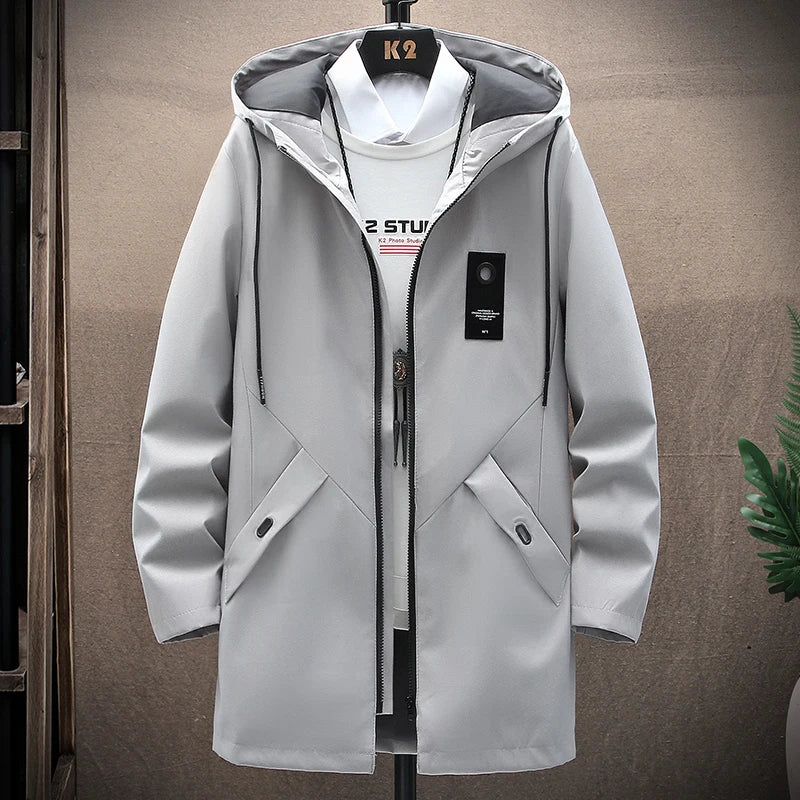 Men’s Long Hooded Windbreaker Casual Streetwear Jacket Spring Autumn 2025