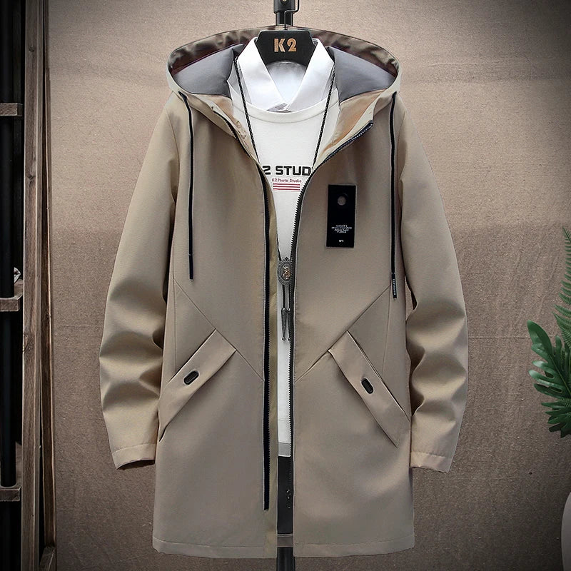 Men’s Long Hooded Windbreaker Casual Streetwear Jacket Spring Autumn 2025
