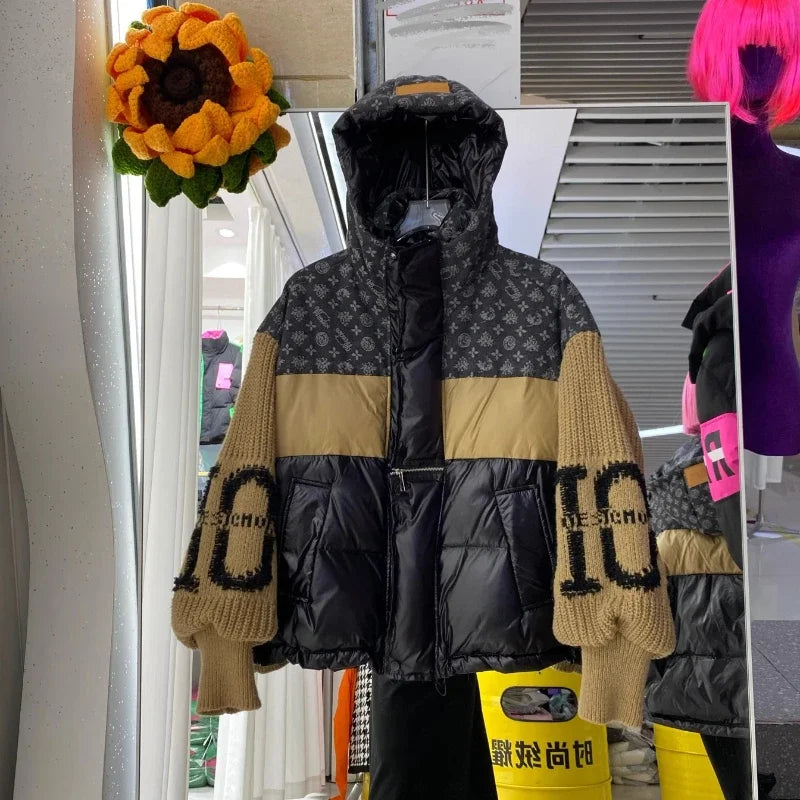 Women’s Oversized Retro Denim Splicing Down Jacket, Knitted Sleeves Thick Puffer Coat