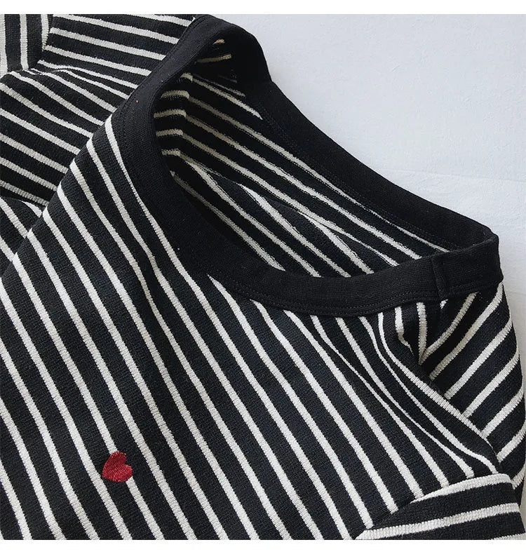 Women’s Autumn Sweatshirt, Loose Fit Long Sleeve Top with Love Embroidery Stripes