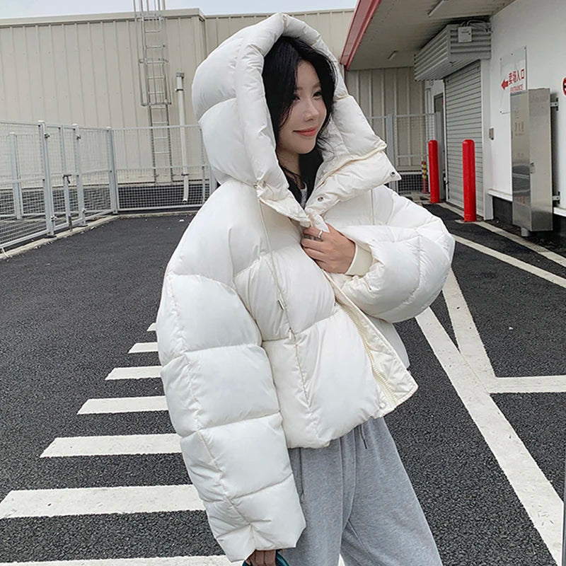 Women’s Hooded Winter Puffer Jacket, Thick Casual Cropped Parka Coat for Streetwea