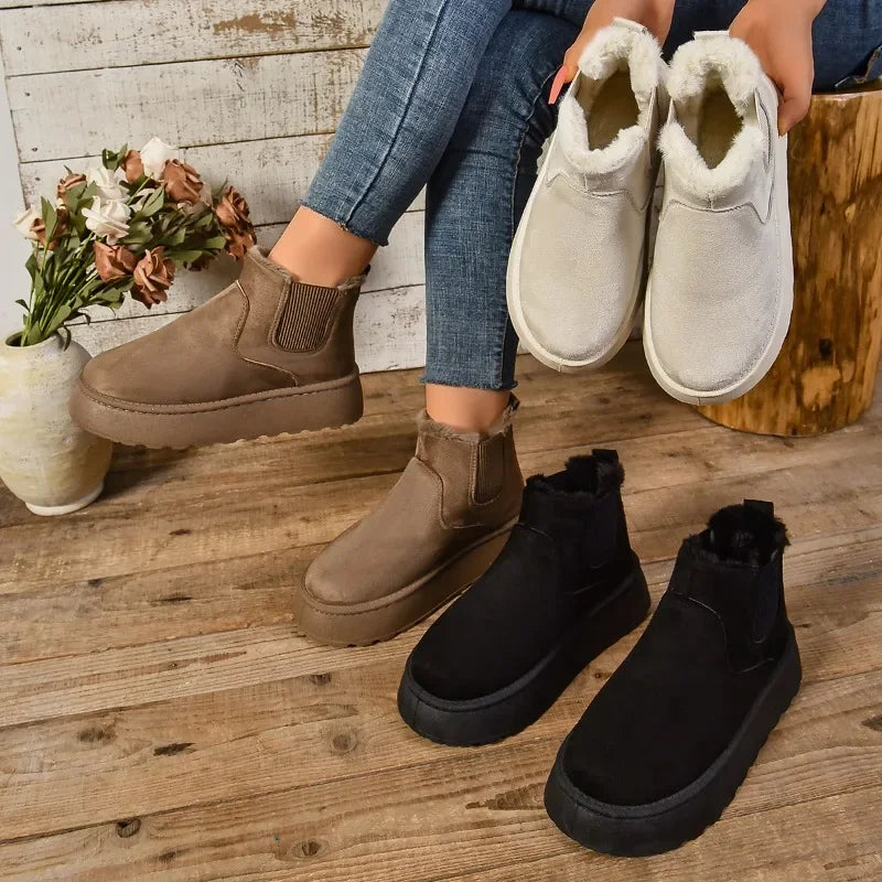 Winter Women Suede Ankle Snow Boots – Warm Plush Chelsea Platform Casual Shoes