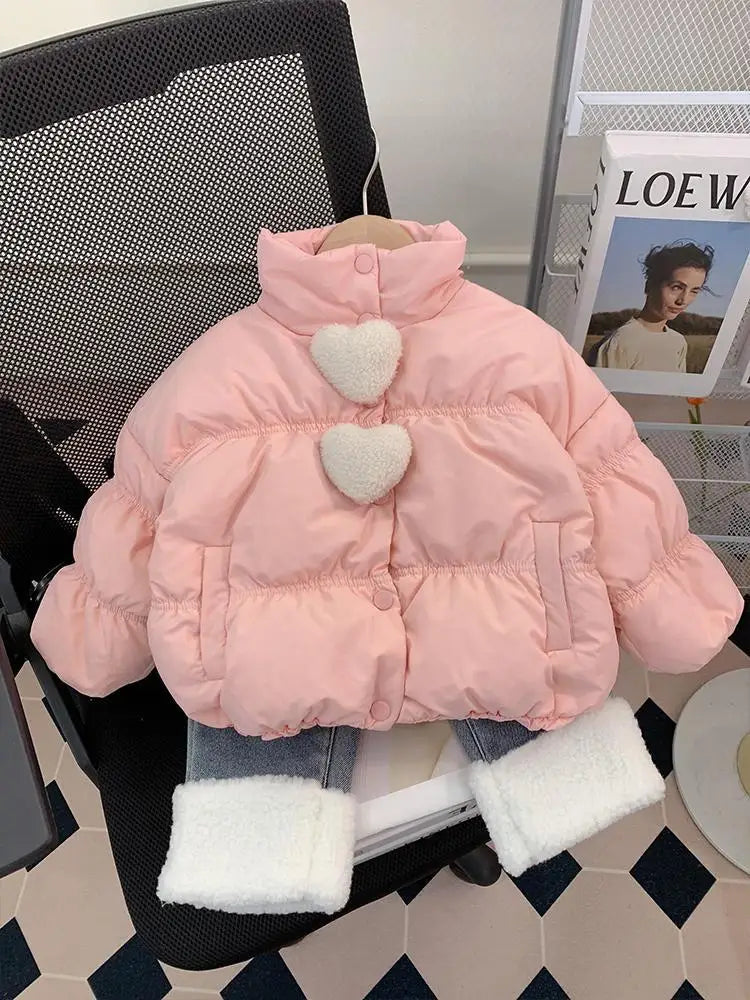 Girls’ Short Quilted Puffer Jacket, Stand Collar Winter Coat for Kids