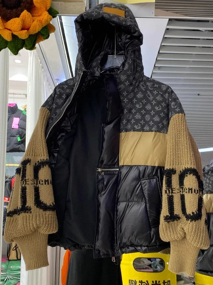 Women’s Oversized Retro Denim Splicing Down Jacket, Knitted Sleeves Thick Puffer Coat