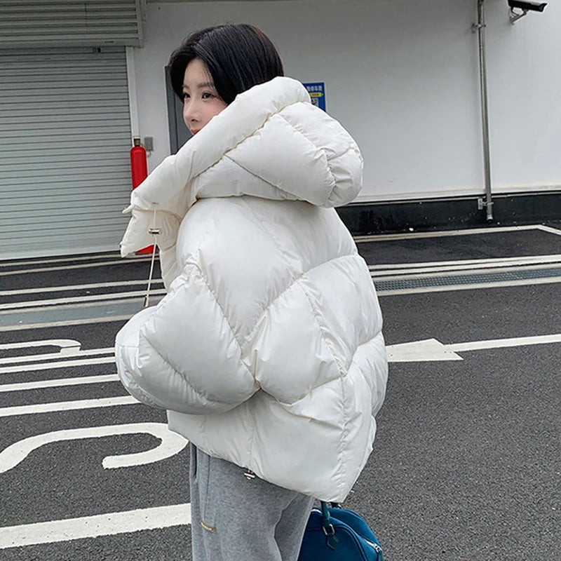 Women’s Hooded Winter Puffer Jacket, Thick Casual Cropped Parka Coat for Streetwea