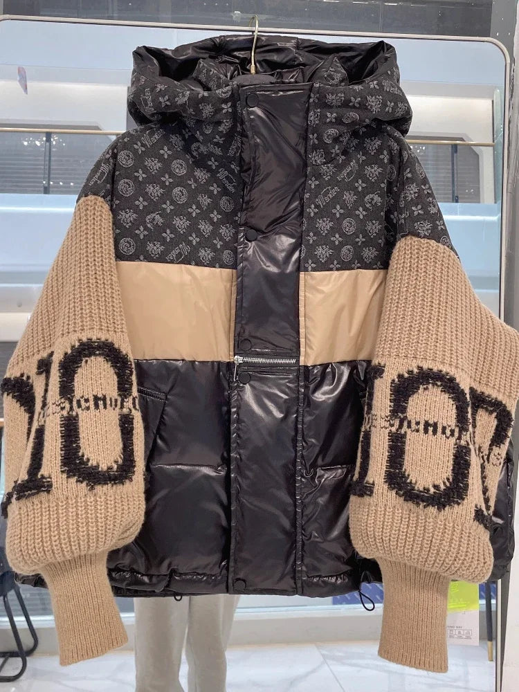 Women’s Oversized Retro Denim Splicing Down Jacket, Knitted Sleeves Thick Puffer Coat