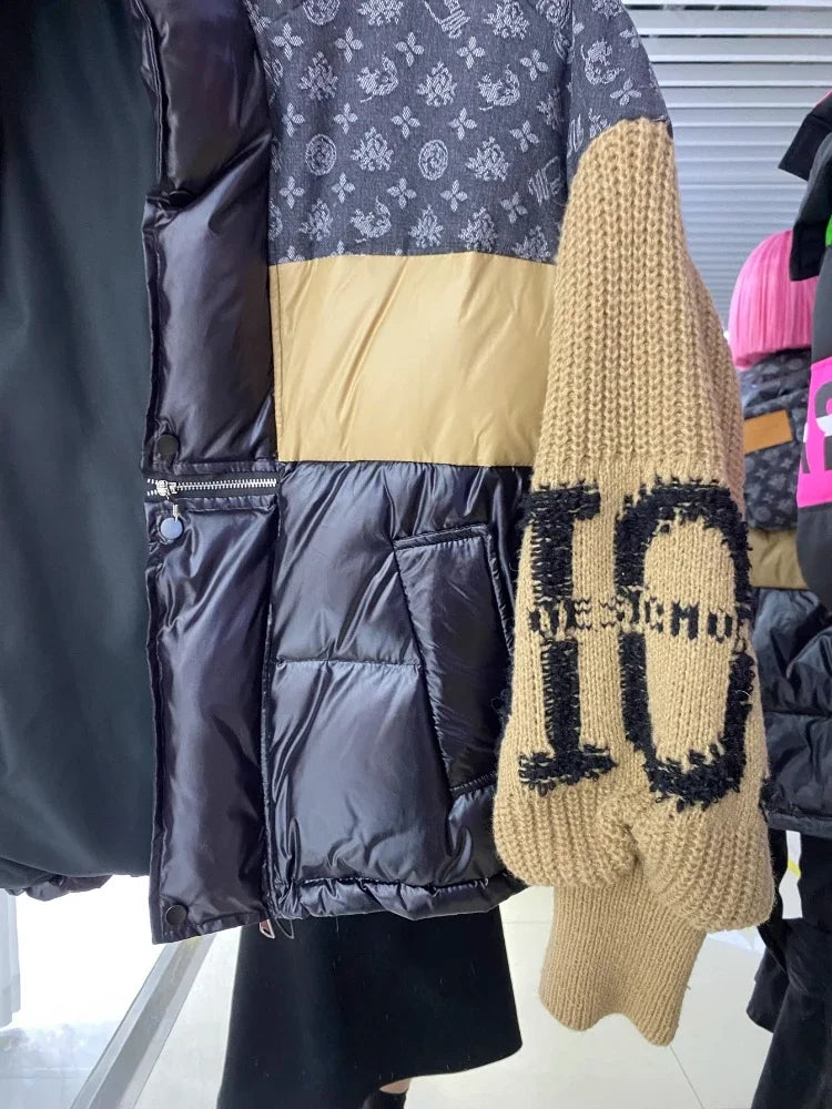 Women’s Oversized Retro Denim Splicing Down Jacket, Knitted Sleeves Thick Puffer Coat