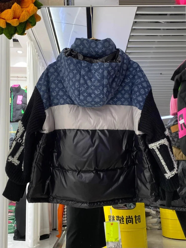 Women’s Oversized Retro Denim Splicing Down Jacket, Knitted Sleeves Thick Puffer Coat