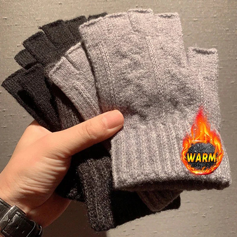 Half-Finger Winter Gloves for Men – Warm Knitted Driving & Cycling