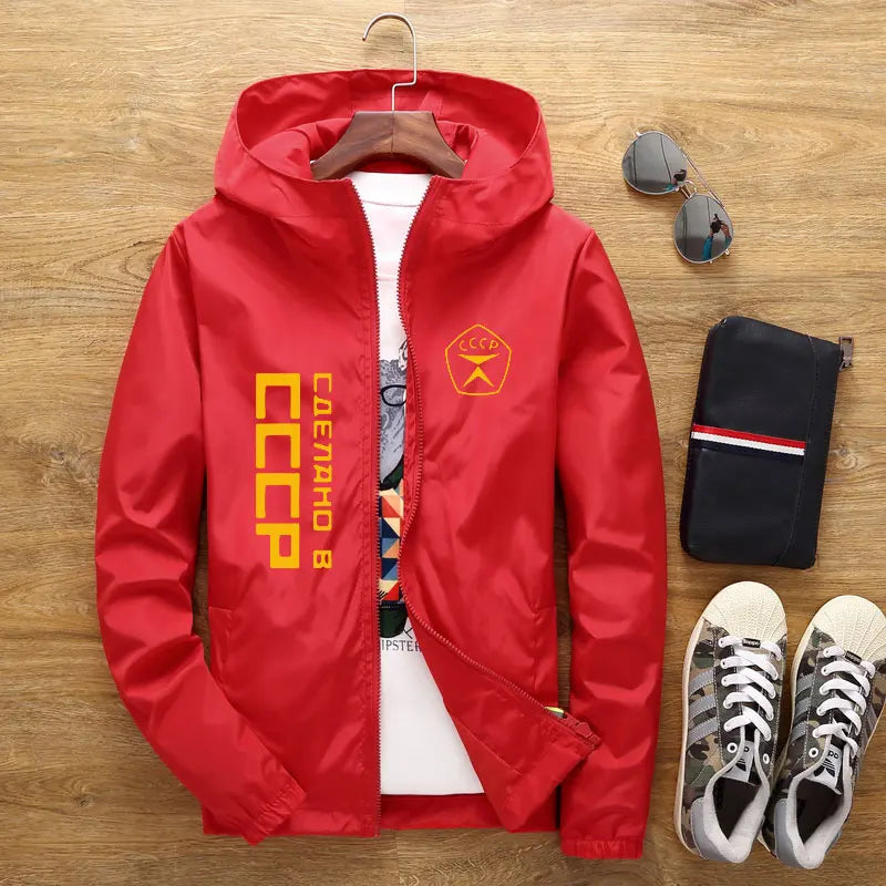 Men’s USSR KGB Bomber Jacket Hooded Casual Windbreaker Spring Autumn