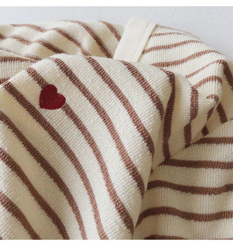 Women’s Autumn Sweatshirt, Loose Fit Long Sleeve Top with Love Embroidery Stripes