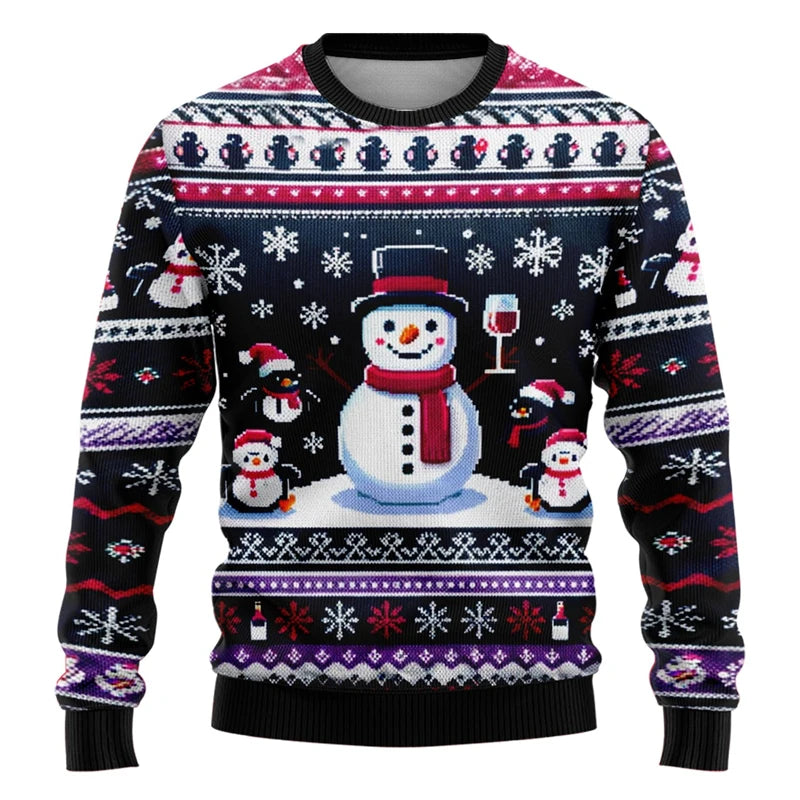Unisex 3D Christmas Sweatshirt, Santa and Snowman Printed Ugly Holiday Pullover
