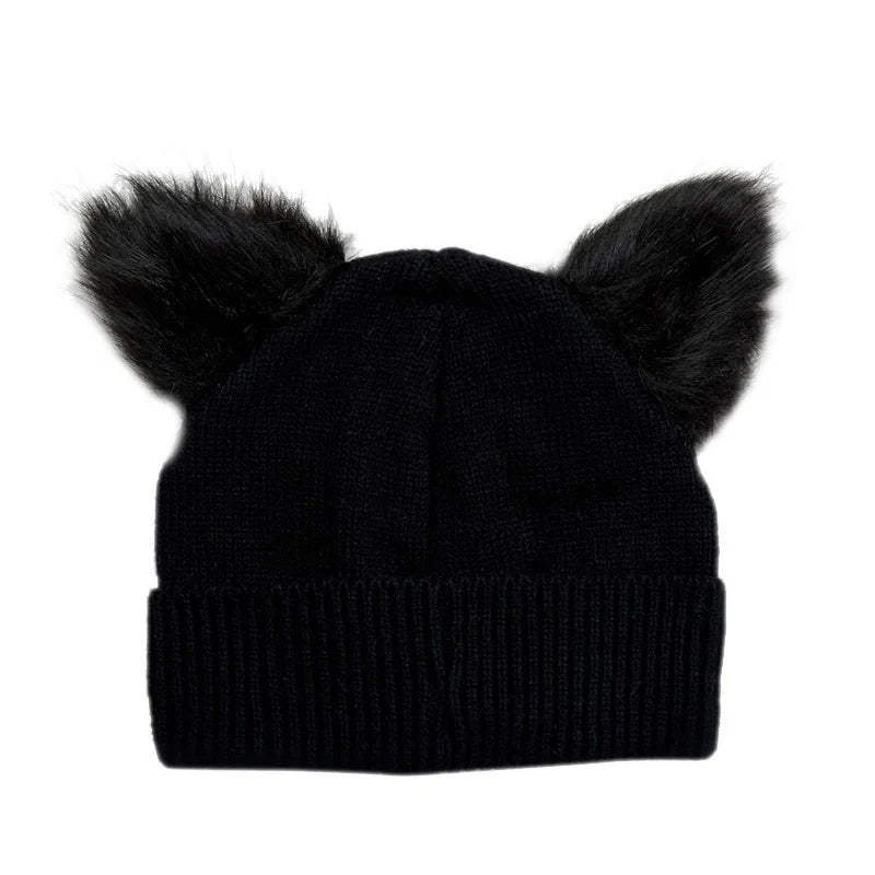 Women’s Wool Knit Cat Ear Hat with Faux Fur Pompom