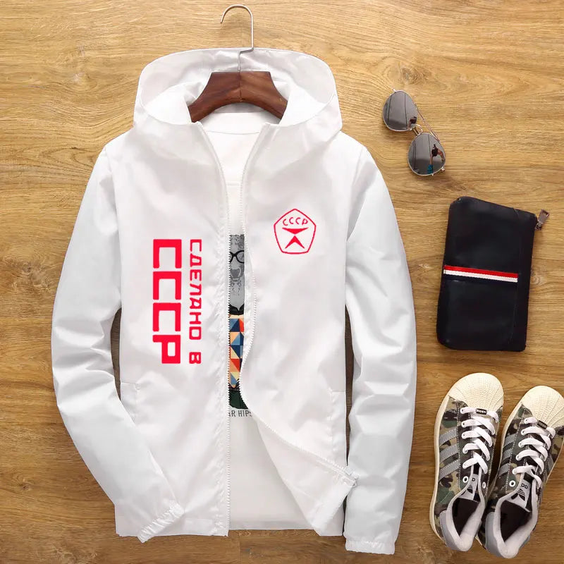 Men’s USSR KGB Bomber Jacket Hooded Casual Windbreaker Spring Autumn