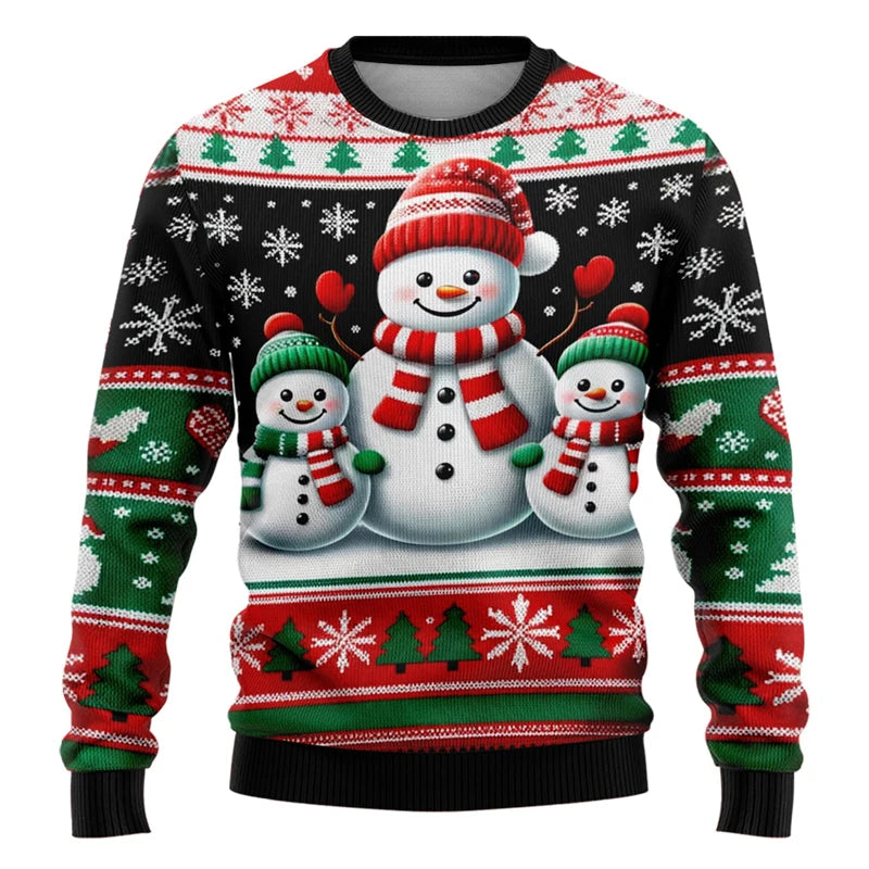 Unisex 3D Christmas Sweatshirt, Santa and Snowman Printed Ugly Holiday Pullover