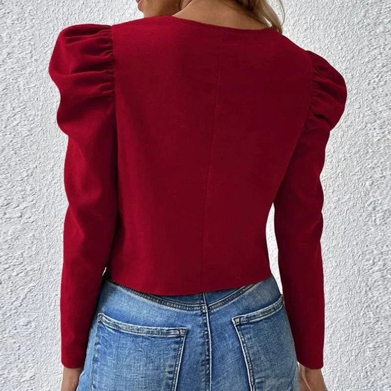 Women’s Short Fashion Jacket, Elegant Puff Sleeve Coat with Zipper Outerwear Black