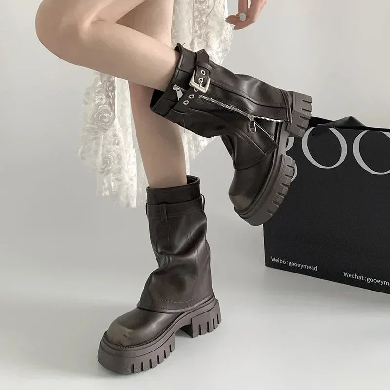 Women’s Winter Biker Boots Platform Knee-High Casual Belt Buckle Long Pipe Booties