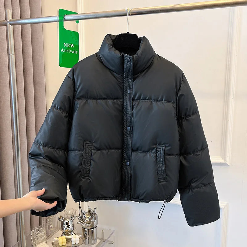 Women’s Short Winter Puffer Jacket, Stand Collar Parka Coat with Zipper