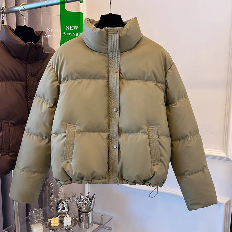 Women’s Short Winter Puffer Jacket, Stand Collar Parka Coat with Zipper