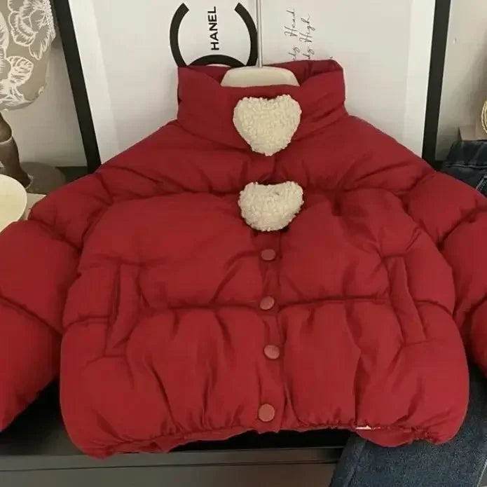 Girls’ Short Quilted Puffer Jacket, Stand Collar Winter Coat for Kids