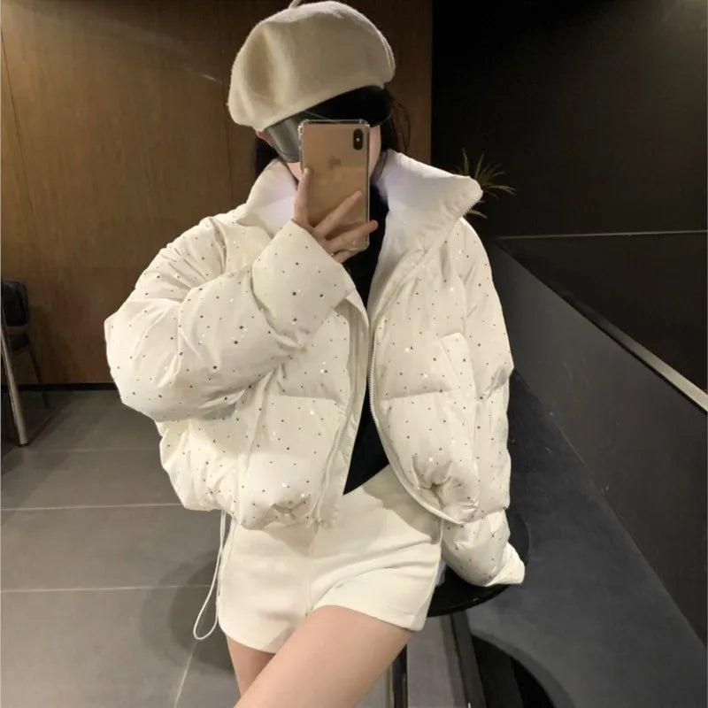 Women’s Chic Short Puffer Jacket, Stand Collar Parka Coat for Autumn Winter