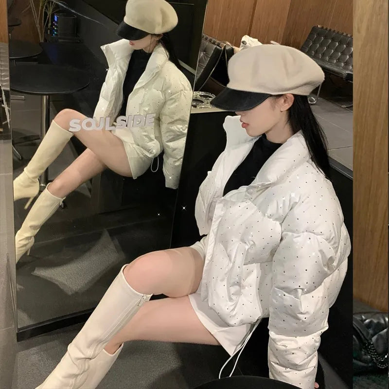 Women’s Chic Short Puffer Jacket, Stand Collar Parka Coat for Autumn Winter