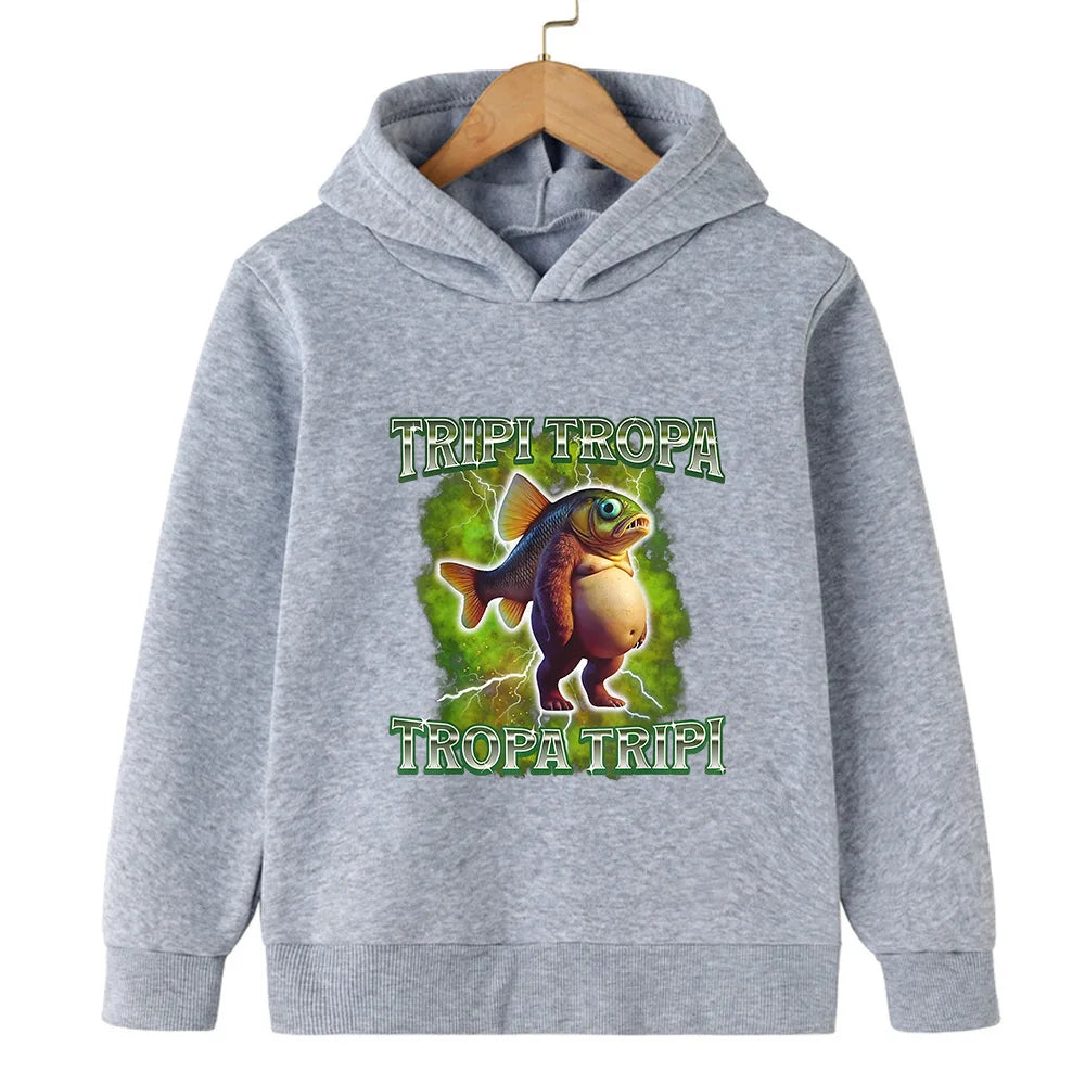 Kids’ Hooded Sweatshirt, Fun Italian Brainrot Character 2D Pullover for Autumn Winter