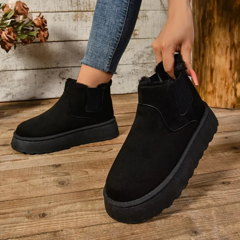Winter Women Suede Ankle Snow Boots – Warm Plush Chelsea Platform Casual Shoes