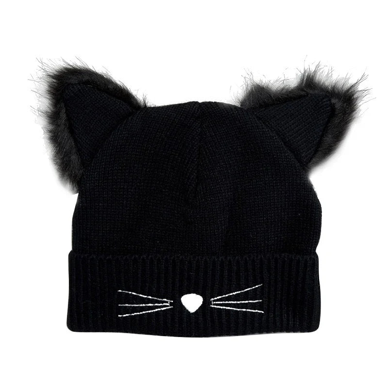 Women’s Wool Knit Cat Ear Hat with Faux Fur Pompom
