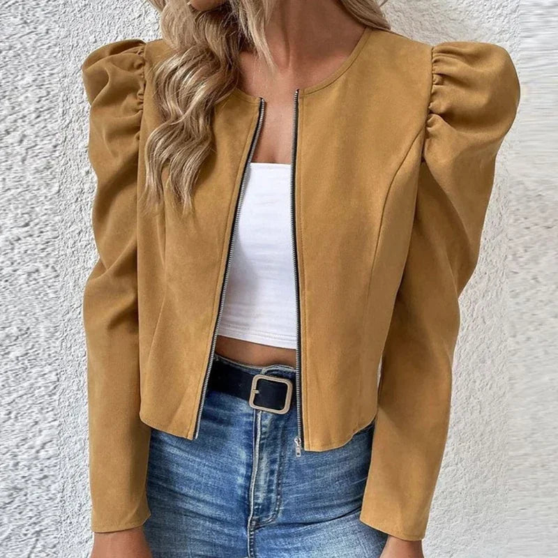 Women’s Short Fashion Jacket, Elegant Puff Sleeve Coat with Zipper Outerwear Black