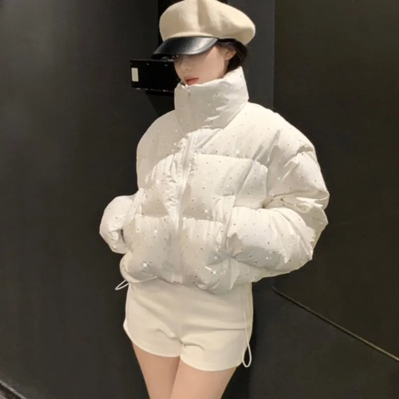 Women’s Chic Short Puffer Jacket, Stand Collar Parka Coat for Autumn Winter