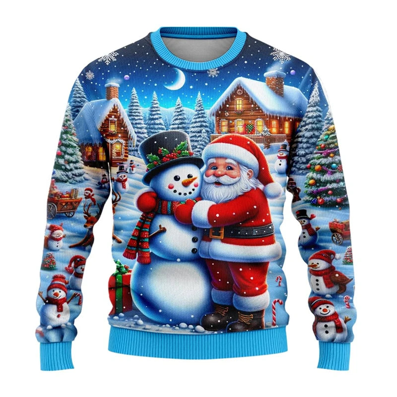 Unisex 3D Christmas Sweatshirt, Santa and Snowman Printed Ugly Holiday Pullover