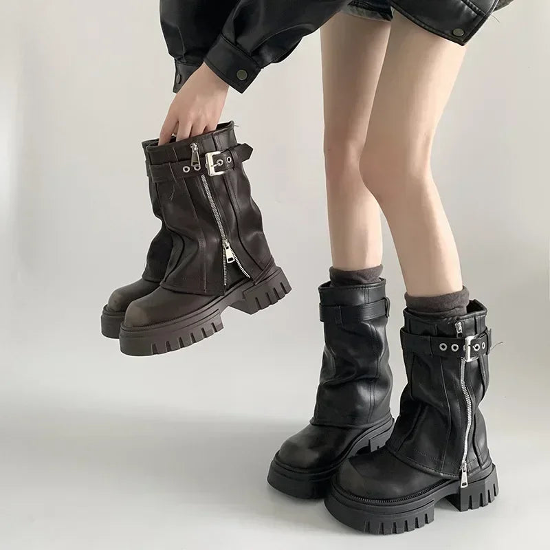Women’s Winter Biker Boots Platform Knee-High Casual Belt Buckle Long Pipe Booties
