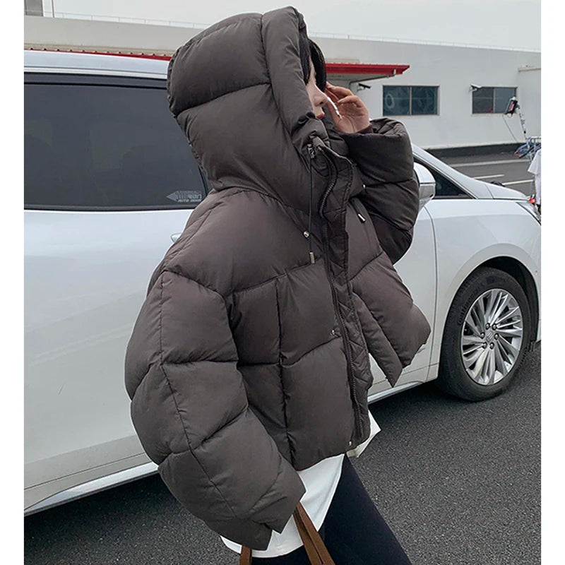 Women’s Hooded Winter Puffer Jacket, Thick Casual Cropped Parka Coat for Streetwea