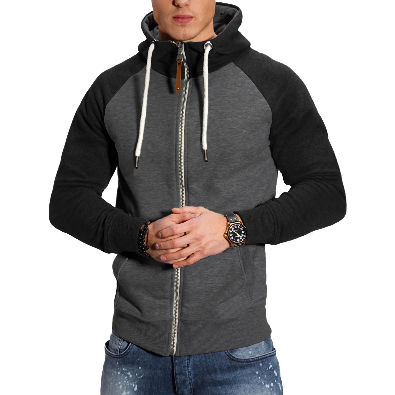 Men’s Hooded Zipper Sweatshirt, Long Sleeve Pullover High Neck Jacket Coat Black