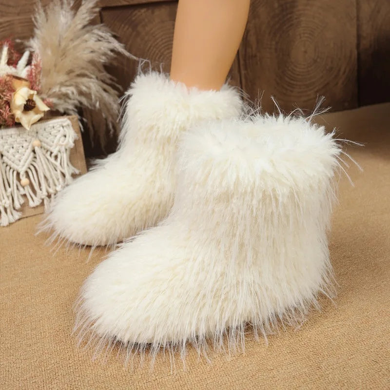 Women’s Winter Mid-Calf Snow Boots, Warm Fleece-Lined Faux Wool Cold-Proof Shoes