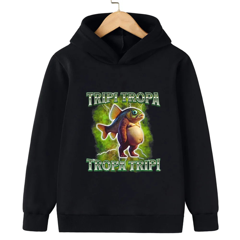 Kids’ Hooded Sweatshirt, Fun Italian Brainrot Character 2D Pullover for Autumn Winter