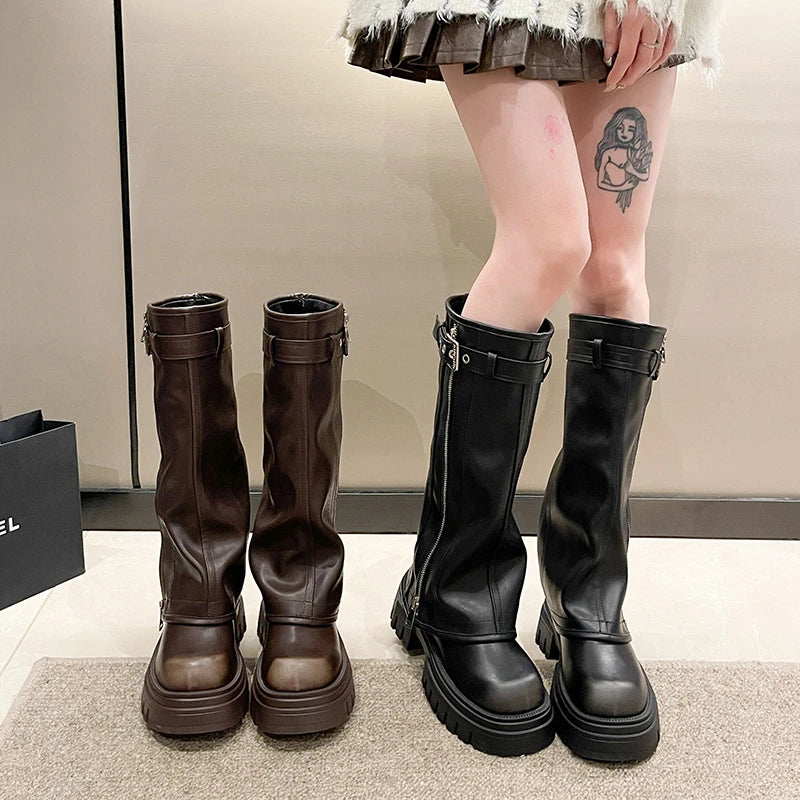 Women’s Winter Biker Boots Platform Knee-High Casual Belt Buckle Long Pipe Booties