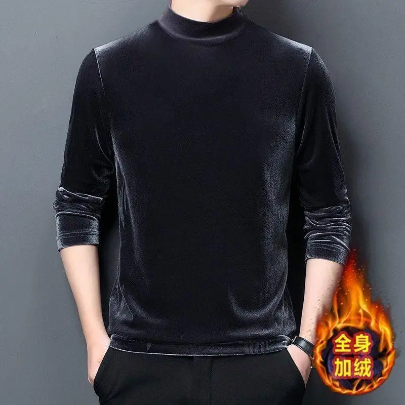 Men’s Velvet Half-Turtleneck Sweatshirt, Autumn Winter Printed Long Sleeve Pullover Top