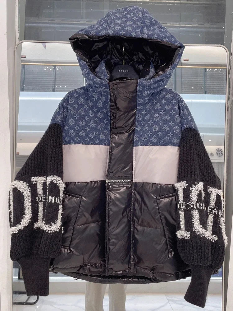 Women’s Oversized Retro Denim Splicing Down Jacket, Knitted Sleeves Thick Puffer Coat