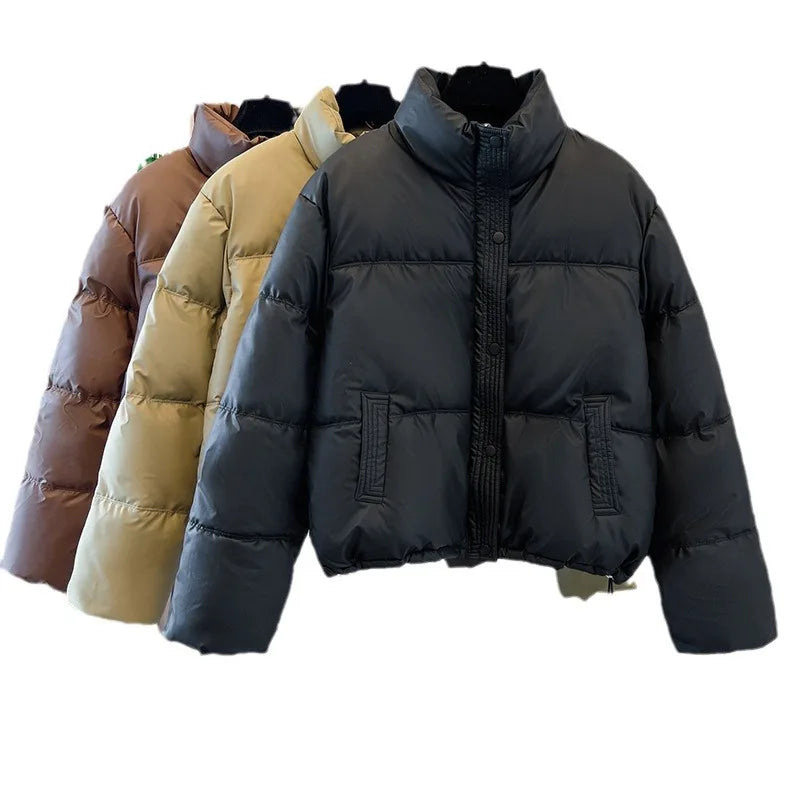 Women’s Short Winter Puffer Jacket, Stand Collar Parka Coat with Zipper