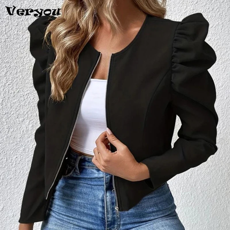 Women’s Short Fashion Jacket, Elegant Puff Sleeve Coat with Zipper Outerwear Black