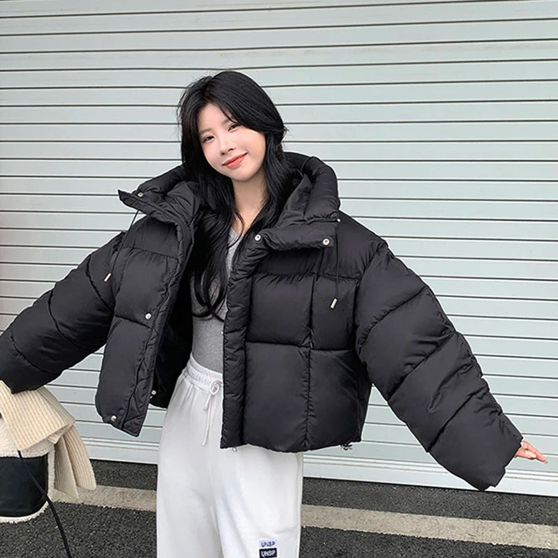 Women’s Hooded Winter Puffer Jacket, Thick Casual Cropped Parka Coat for Streetwea