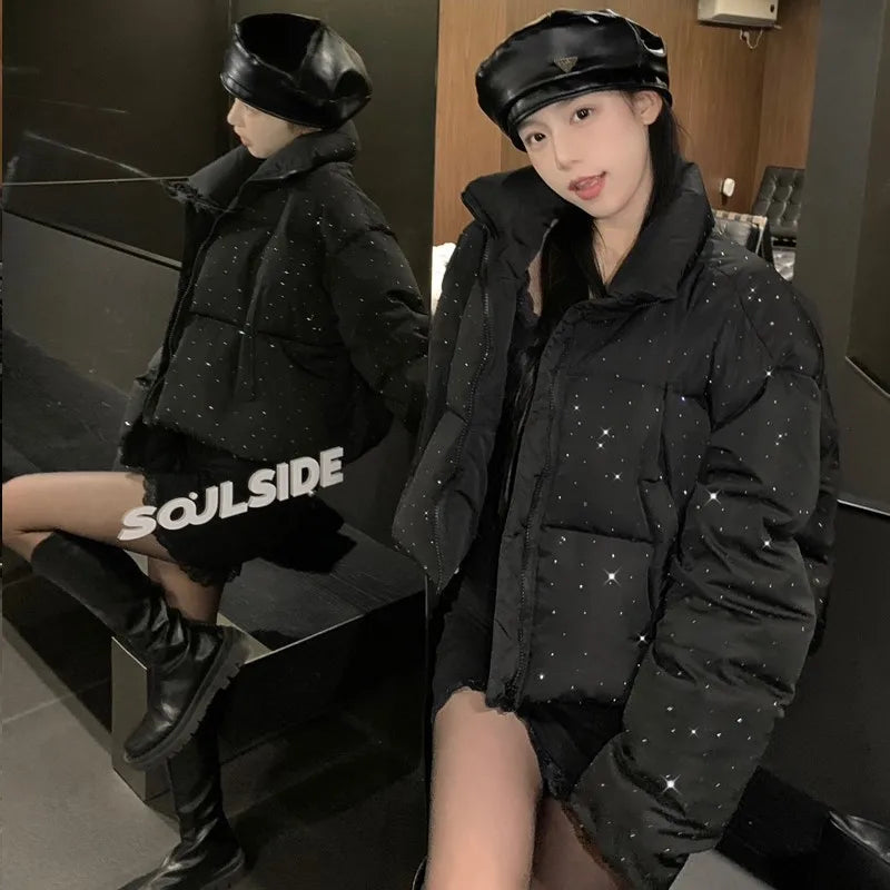 Women’s Chic Short Puffer Jacket, Stand Collar Parka Coat for Autumn Winter