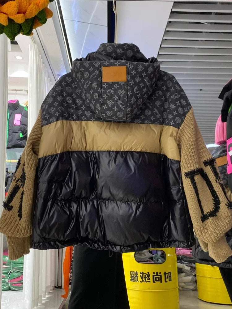 Women’s Oversized Retro Denim Splicing Down Jacket, Knitted Sleeves Thick Puffer Coat