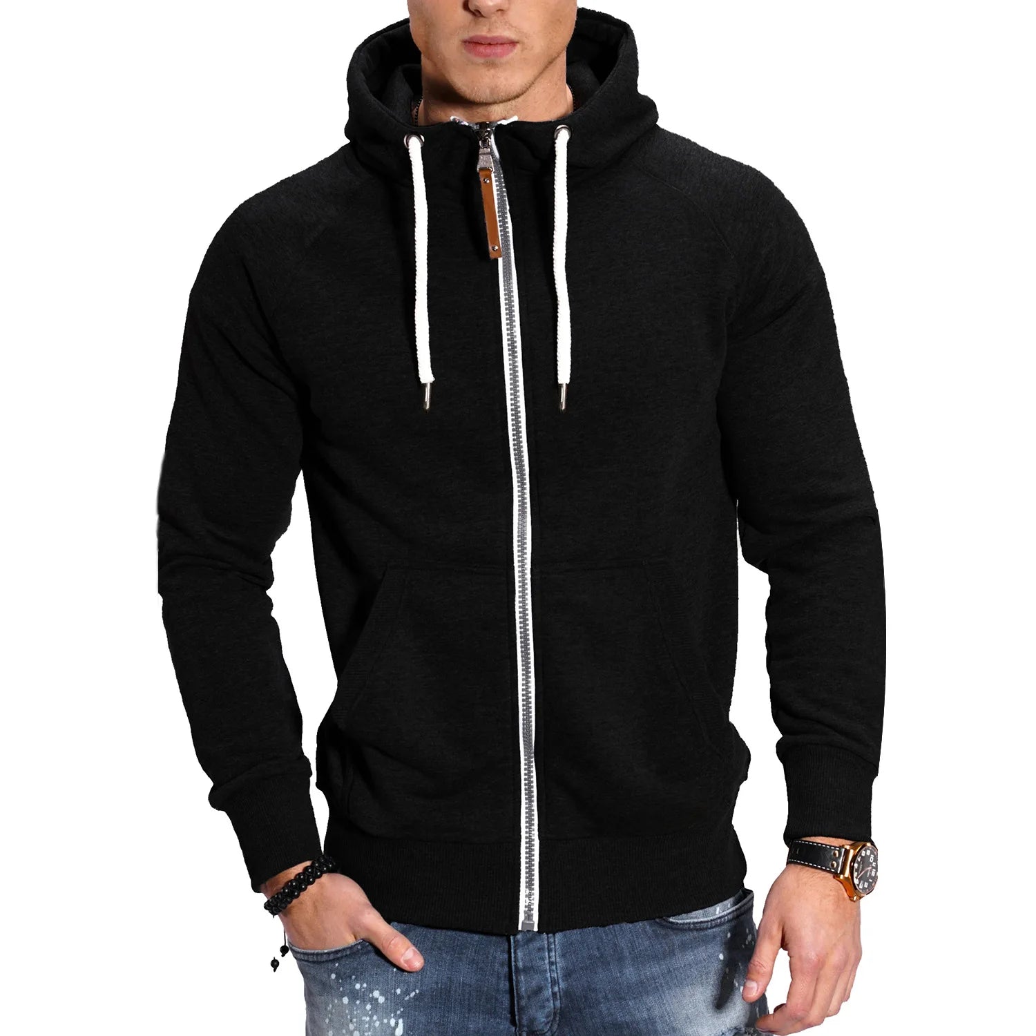 Men’s Hooded Zipper Sweatshirt, Long Sleeve Pullover High Neck Jacket Coat Black