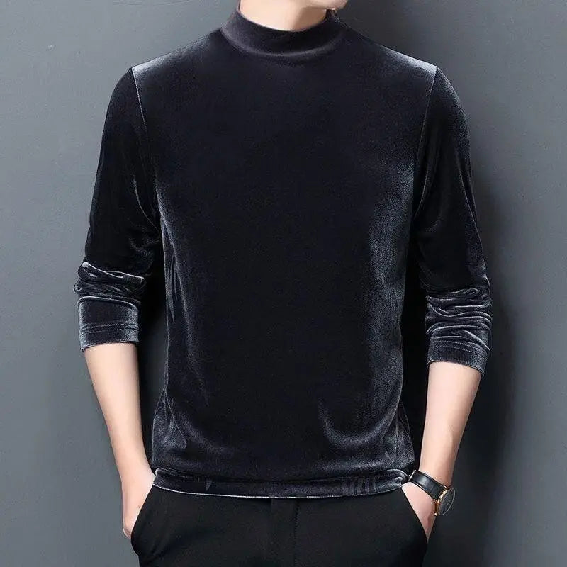 Men’s Velvet Half-Turtleneck Sweatshirt, Autumn Winter Printed Long Sleeve Pullover Top
