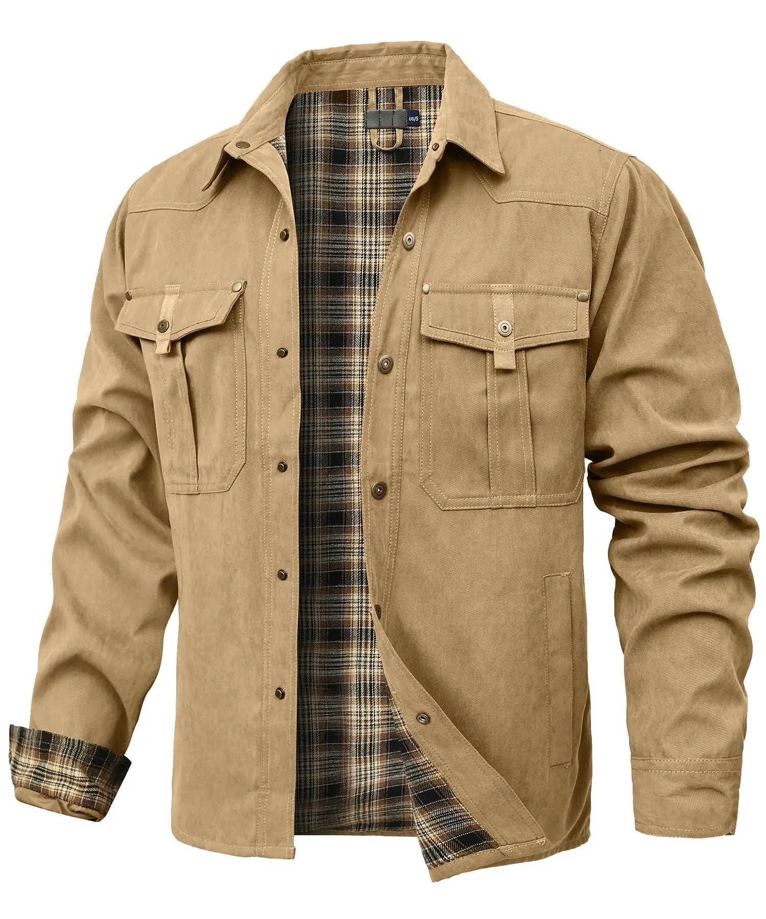 Men’s Flannel Lined Shacket Casual Snap Button Overshirt Western Cowboy Style Top
