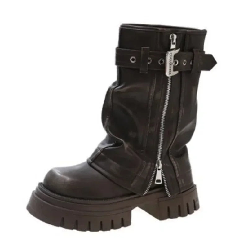 Women’s Winter Biker Boots Platform Knee-High Casual Belt Buckle Long Pipe Booties
