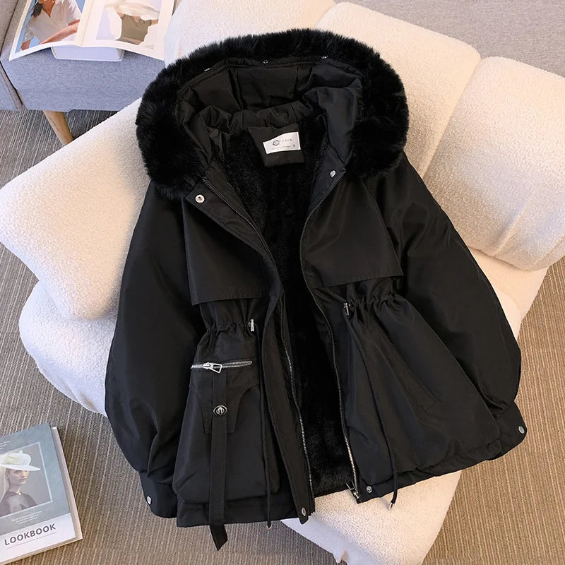 Women’s Fleece-Lined Hooded Down Jacket, Warm Padded Parka for Winter Casual Wear